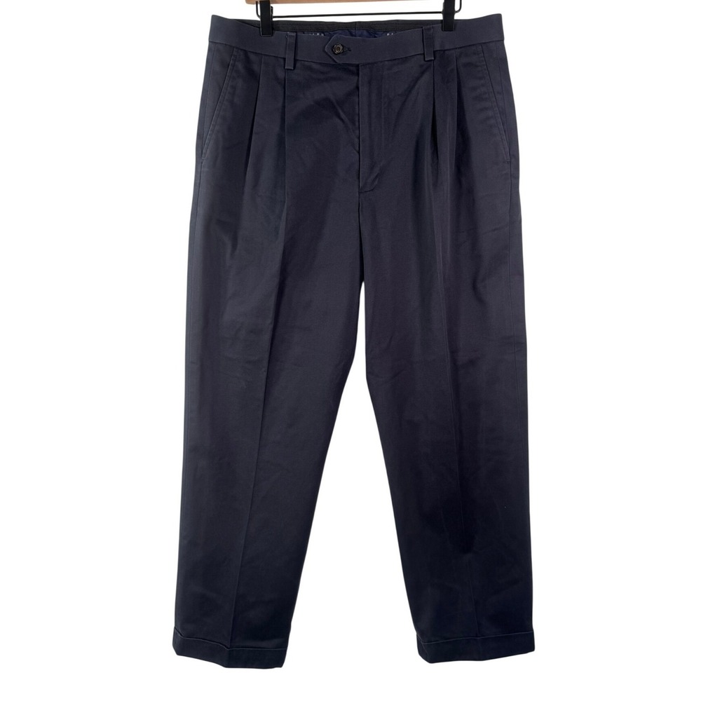 Polo Ralph Lauren Men 36x31 Navy Blue Pleated Cotton Chino Pants Cuffed Straight